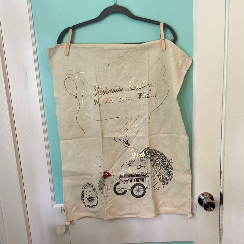 Vintage Anthropologie Cream Tea Towel with Hedgehog Design